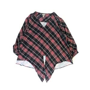 Chicos Red Black Plaid V-Neck Tie Front Puff Sleeve Blouse Top Size 4 XL/XXL